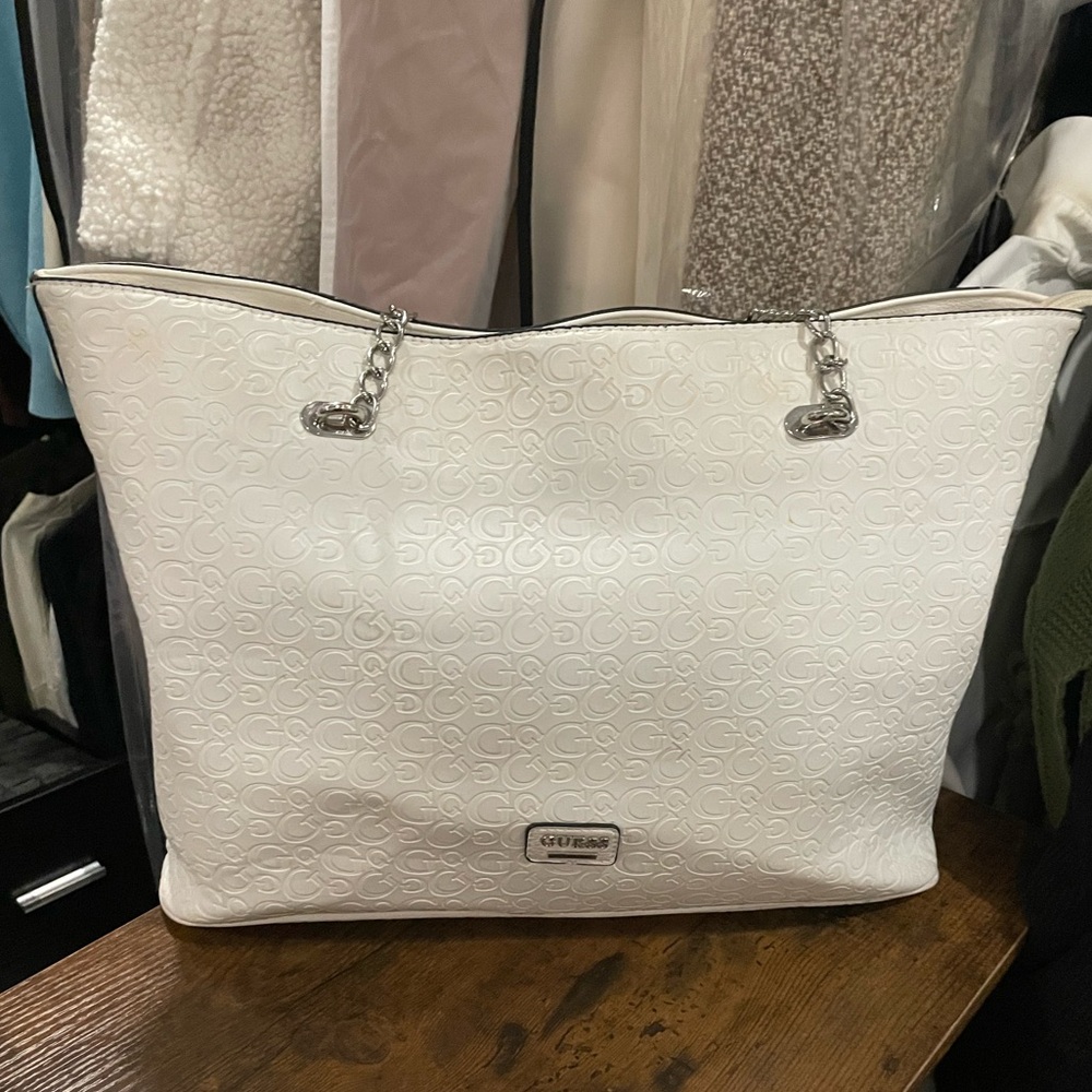 GUESS Embossed White Tote with Chain Handles